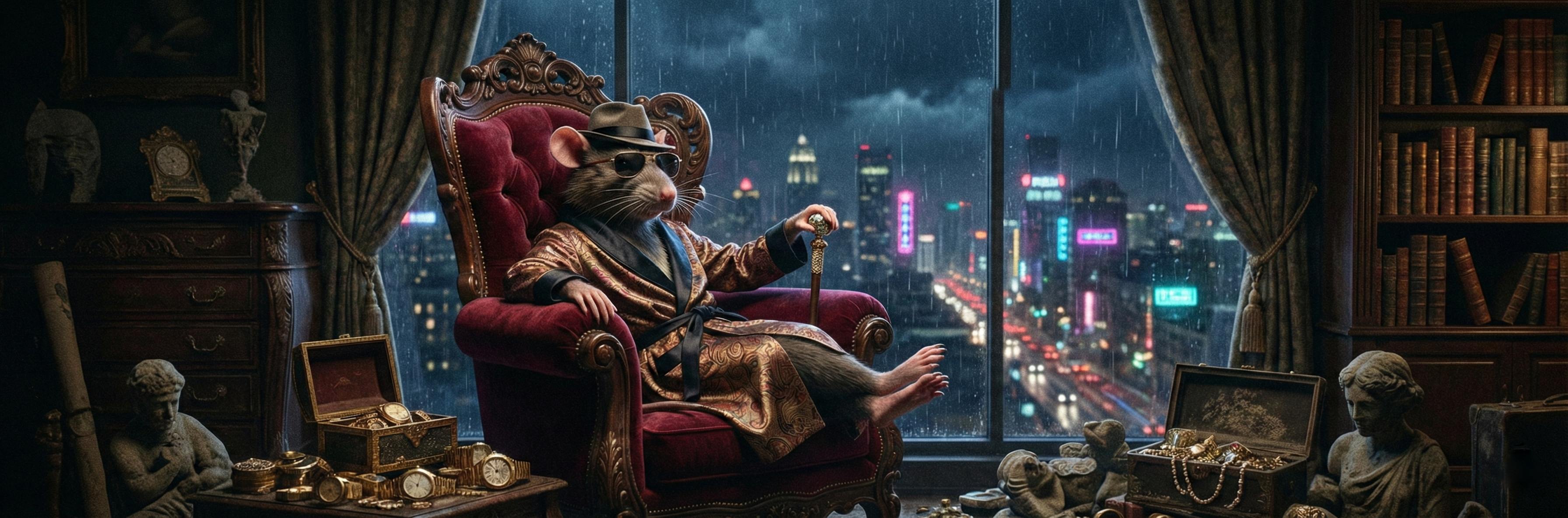 The Don - a rat in a robe sitting on a throne overlooking the city